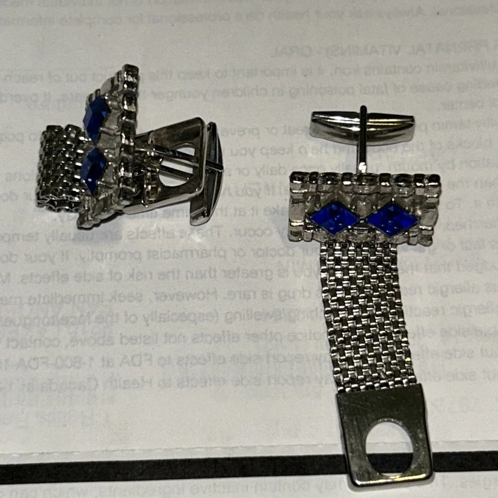 Vintage Silver Tone Men's Sapphire Blue Cufflink & Tie Tack Set - Unsigned